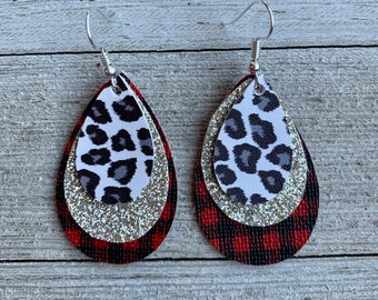 Faux Leather Earrings - Leopard Print - Silver Glitter - Red Buffalo Plaid - Teardrop Earrings - Statement Earrings - Perfect Gift