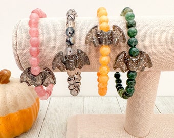 Halloween Bat Stone Bead Bracelet | Agate | Sunstone | Jade | Stretch Bracelet