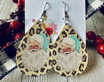 Retro Vintage Santa Faux Leather Earrings - Leopard Background - Teardrop Earrings, Christmas - Winter - Fun Gift