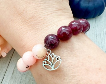 Garnet & Pink Chalcedony Lotus Bracelet | 10mm Natural Garnet | Silver Lotus Flower Charm | Healing Stones | Perfect Gift