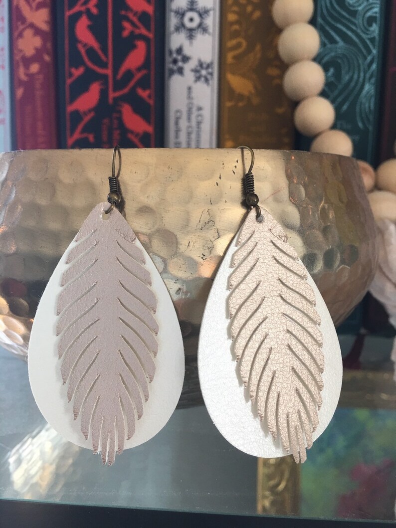 Layered Rose Gold Feather Earrings White Teardrops Earrings Boho Earrings Layered Earrings Faux Leather Earrings Gift image 2