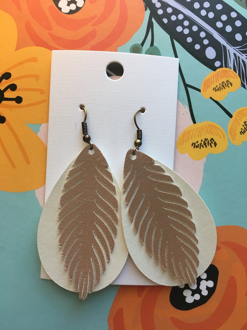 Layered Rose Gold Feather Earrings White Teardrops Earrings Boho Earrings Layered Earrings Faux Leather Earrings Gift image 1
