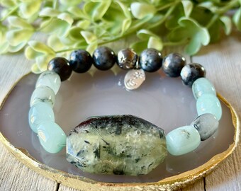 34x25mm Natural Stone, Chalcedony Beaded Stretch Bracelet, Silver Sun & Moon Charm, Black Spot Labradorite, Boho, Gorgeous Gift