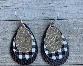 Faux Leather Earrings - Buffalo Plaid - Silver Glitter - 3 Layer Earrings - Perfect Gift- Statement Earrings - Teardrop Earrings