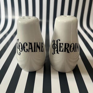 Vintage Style Salt & Pepper Shakers; Dark Humor Kitchen Decor “Cocaine Heroin”