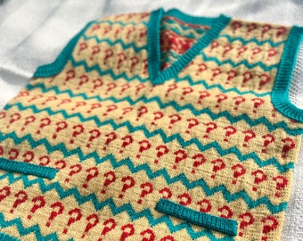 Doctor Who 7th Seventh Question Mark Jumper, Vintage Custom Knitted Handmade Vest Sweater, Unique Made To Order Gift Unisex