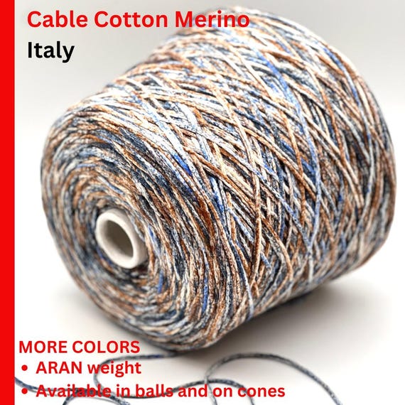 Merino Cotton Cable Yarn, PATRIK, Luxury Collection Italian Yarn by RiGo, Available on Cone or in Balls, Aran weight, 180m/100g (197y)