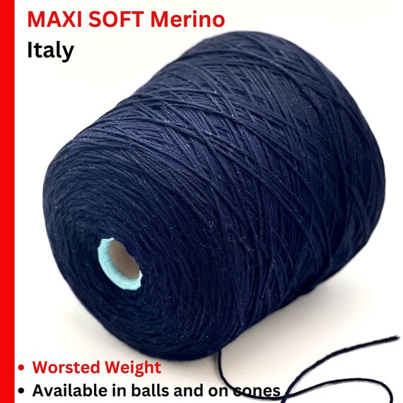 MAXI SOFT Merino Yarn, Premium Italian Yarn by Zegna Baruffa, Dark Navy Blue, Available on Cone or in Balls, Worsted Weight, 190m/100g