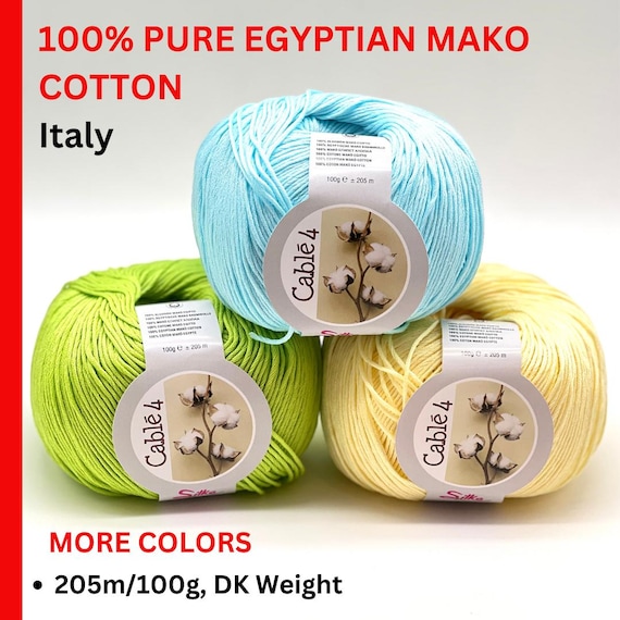 MAKO Cotton Yarn, DK Weight, 100% Pure EGYPTIAN Mako Cotton, Premium Italian Yarn by Silke, 100g/205m (3.52oz/224y)