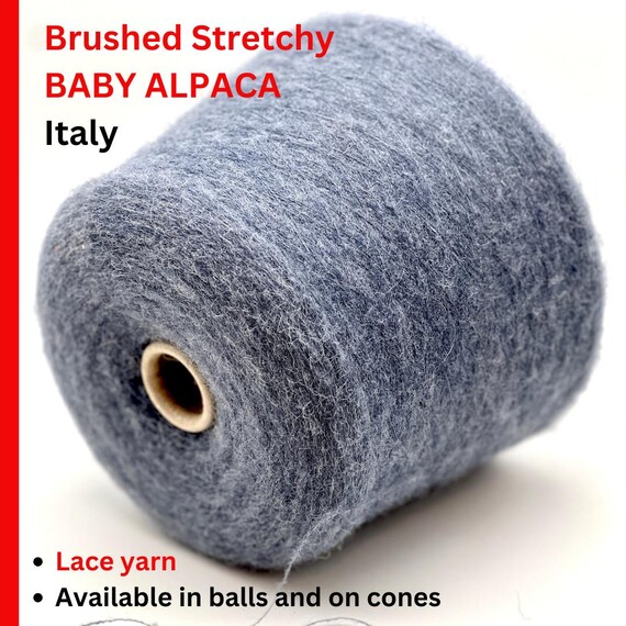 BABY Alpaca BRUSHED Stretchy Fluffy Knitting Yarn, Premium Italian Yarn, Available in Balls and on Cones, Jeans Color, 100g/2000m (2187y)