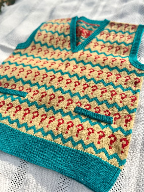 Doctor Who 7th Seventh Question Mark Jumper, Vintage Custom Knitted Handmade Vest Sweater, Unique Made To Order Gift Unisex
