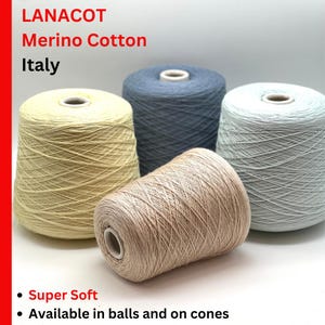 Merino Cotton Yarn, LANACOT,  Luxury Collection by RiGo, Italy, Available in Ball and on Cone, Lace Weight, 650m/100g (710y)