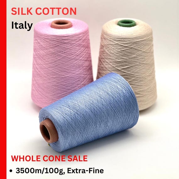 WHOLE CONE sale, Silk Cotton Yarn, KYOTO, Premium Italian Yarn by Zegna Baruffa, Extra-Fine Yarn, Weight - 3500m/100g (3827y/3.52oz)