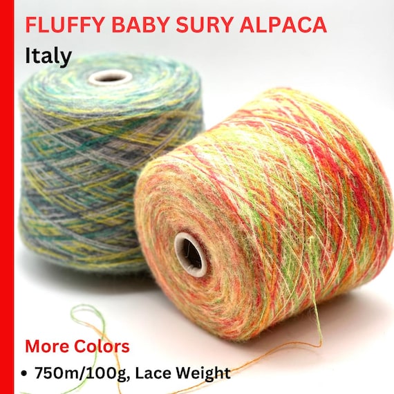 BABY SURI Alpaca Fluffy Blend Yarn, PERU, Premium Italian Yarn by Filcom, Available in Balls and on Cones,  750m/100g (820y)