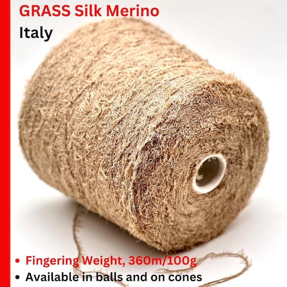 GRASS Silk Merino Fur Yarn, MANDORLO, Luxury Selection Italian Yarn by RiGo, Available in Balls and on Cones, Fingering Weight, 360m/100g