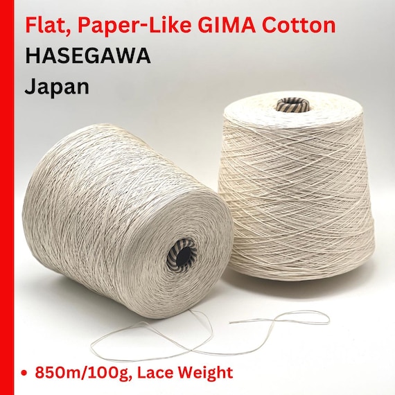 Cotton 100 Yarn, GIMA, Unique Flat Paper-Like Texture Pure Cotton by HASEGAWA, Japan, Available on Cone and in Balls, 850m/100g (930y)