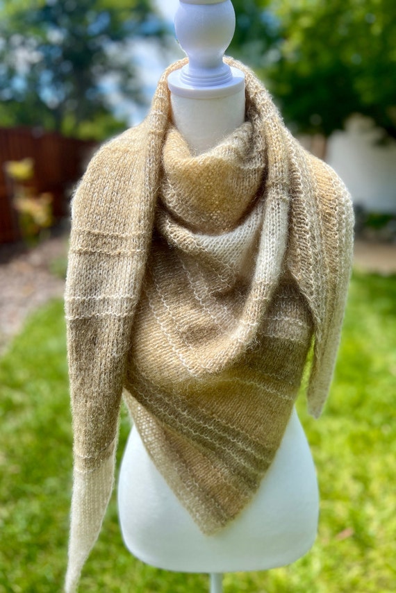 Handknitted Gradient Shawl, Triangle Mohair Scarf, Mohair Shawl, Asymmetrical Wrap, Unique Handmade Gift