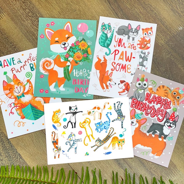 Five Paw-some Postcards Set with Envelopes (Cats, Frenchie, Shibu, Corgi, Beagle)