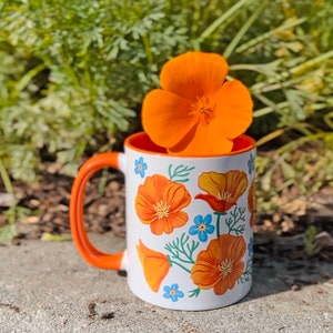 California Poppies Coffee Mug with Color Inside botanical, flowers, fun, native plant, forget me not, Great gift from California image 10