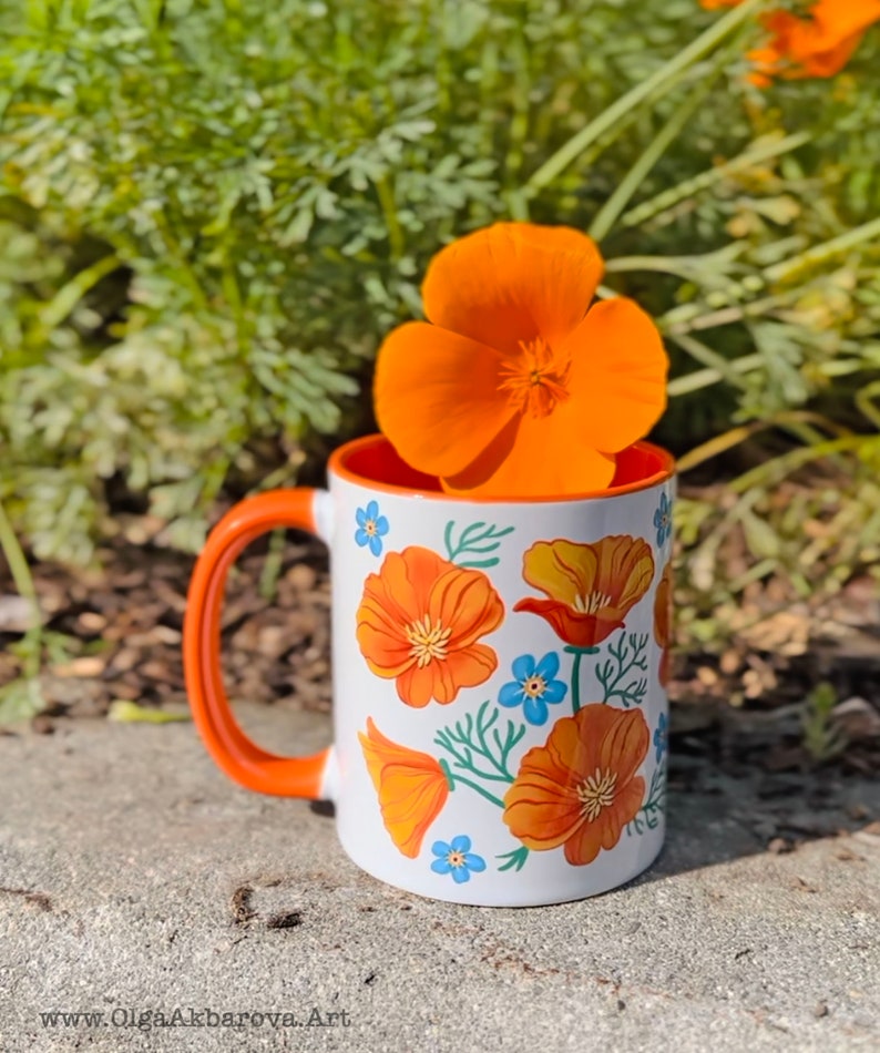 California Poppies Coffee Mug with Color Inside botanical, flowers, fun, native plant, forget me not, Great gift from California image 10