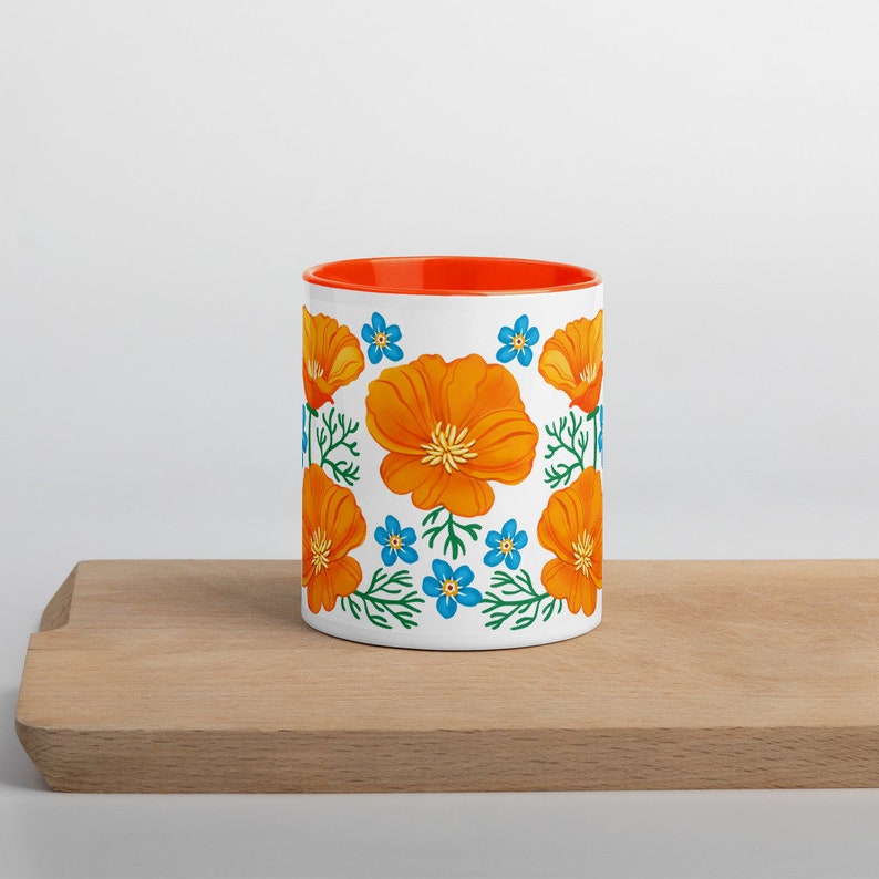 California Poppies Coffee Mug with Color Inside botanical, flowers, fun, native plant, forget me not, Great gift from California image 3