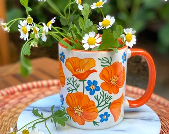 California Poppies Coffee Mug with Color Inside (botanical, flowers, fun, native plant, forget me not, Great gift from California )