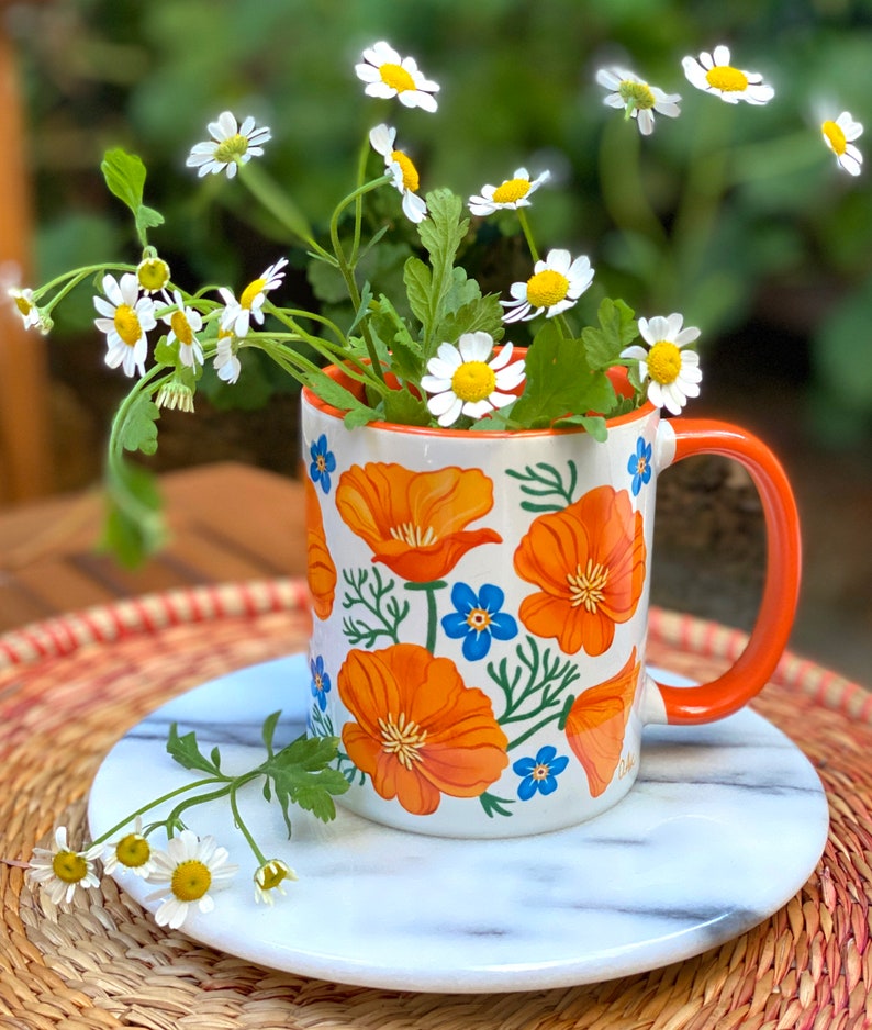 California Poppies Coffee Mug with Color Inside botanical, flowers, fun, native plant, forget me not, Great gift from California image 1