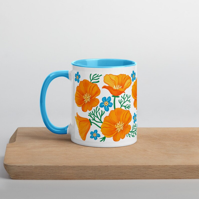 California Poppies Coffee Mug with Color Inside botanical, flowers, fun, native plant, forget me not, Great gift from California image 4