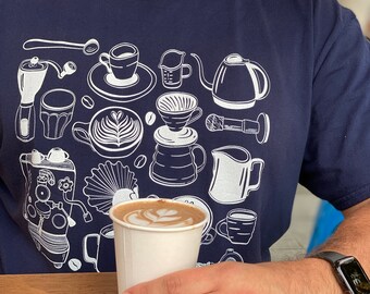 Mens' Heavyweight T-Shirt with White Coffee Set Illustration (Barista, Coffee Lover, Espresso, Caffeinated, Cappuccino, Latte Art)