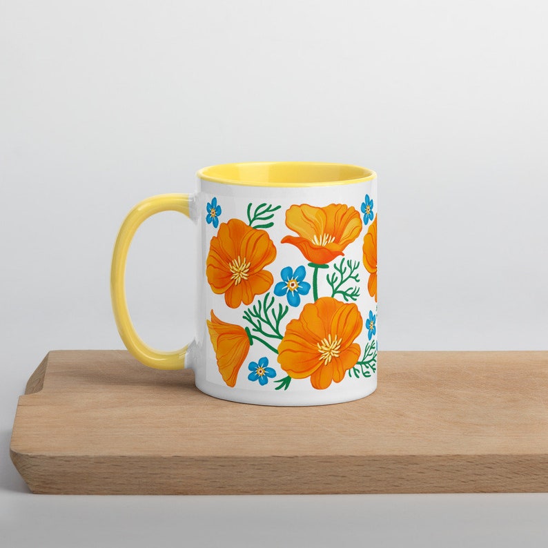 California Poppies Coffee Mug with Color Inside botanical, flowers, fun, native plant, forget me not, Great gift from California image 6