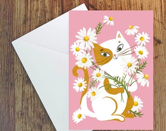 Cute Kitty with Flowers Blank Greeting Card