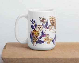 Night of Owls and Moths Ceramic Mug (Tea, Coffee, Hot Chocolate, Watercolor Illustration)