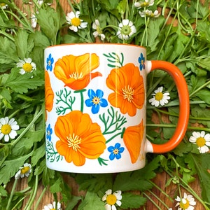 California Poppies Coffee Mug with Color Inside botanical, flowers, fun, native plant, forget me not, Great gift from California image 9