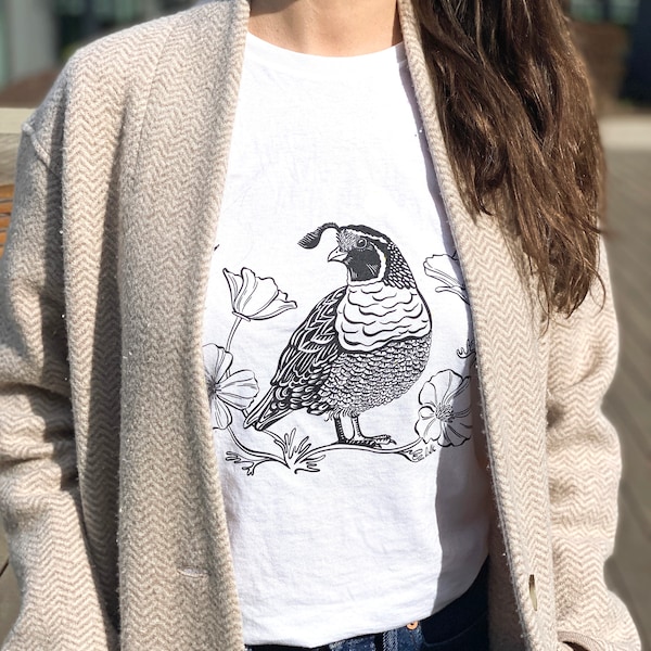 Black Quail Short-Sleeve Unisex T-Shirt (California, State Bird, Bird Lover, Ornithology, Feather, Poppy, State Flower, Golden State, Gift)