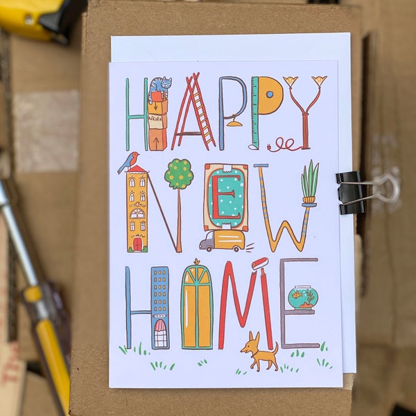 Happy New Home Greeting Card (Blank Inside, Building, House, Moving, Plants, Pets, Boxes)
