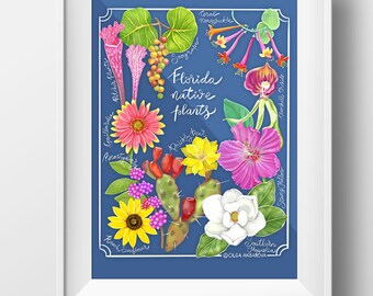 Florida Native Plants Art Print (Magnolia, Sea Grape, Mallow, Prickled Pear, Beautyberry)