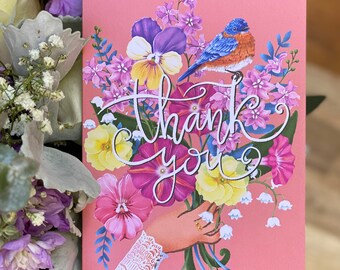 A Lovely Thank You Blank Inside Card with Flowers and a Little Bird