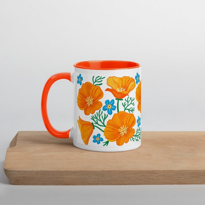 California Poppies Coffee Mug with Color Inside botanical, flowers, fun, native plant, forget me not, Great gift from California image 2