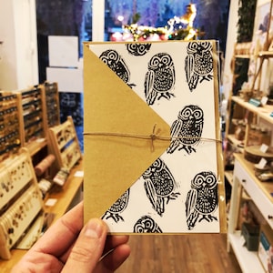 Carte linogravure chouette "coucou" avec enveloppe