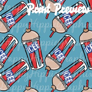 May include: A seamless pattern featuring a blue background with a repeating pattern of red and white striped icee cups with a brown top and a straw. The text "ICEE" is printed in blue on the cups.