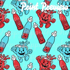 May include: A seamless pattern featuring blue and red cartoon characters with a blue and red liquid pouring out of their heads. The background is a light blue colour.