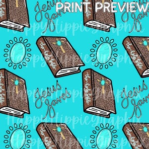 Western Bible Jesus Saves Seamless Fabric Pattern File Turquoise Easter Christian