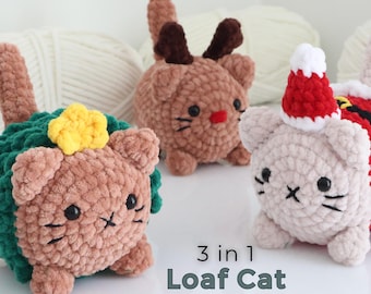 3 in 1 Christmas Loaf Cat Crochet Pattern | Santa, Reindeer & Christmas Tree Cat | Low Sew Amigurumi PDF