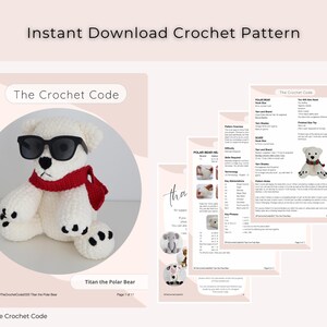 May include: A crochet pattern download featuring a white polar bear wearing sunglasses and a red scarf. The bear is the focal point, with pattern instructions and images displayed on several pages. Text includes "Instant Download Crochet Pattern" and "The Crochet Code."