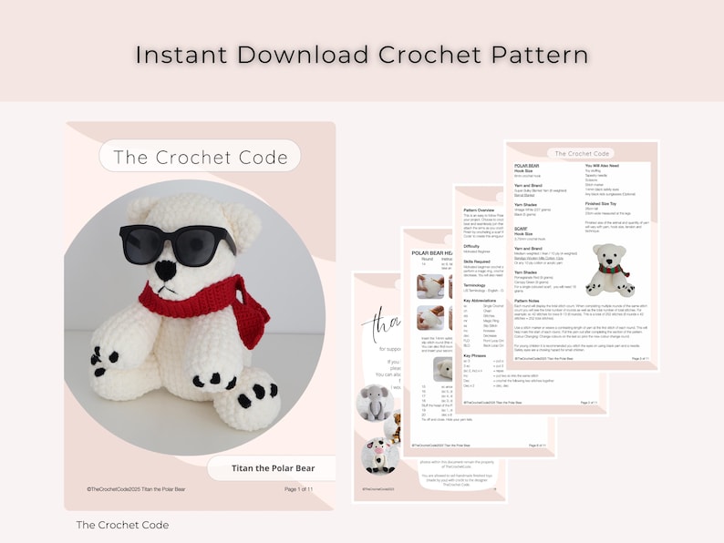 May include: A crochet pattern download featuring a white polar bear wearing sunglasses and a red scarf. The bear is the focal point, with pattern instructions and images displayed on several pages. Text includes "Instant Download Crochet Pattern" and "The Crochet Code."