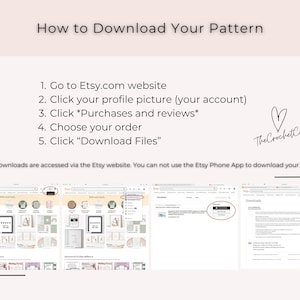 May include: Image showing instructions on how to download a pattern from Etsy. The steps include going to the Etsy website, clicking the profile picture, selecting purchases and reviews, choosing an order, and clicking download files. The Crochet Code logo is visible.