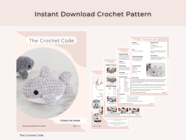 May include: A digital crochet pattern download featuring instructions for a shark plushie. The pattern includes detailed diagrams and the text "Instant Download Crochet Pattern" and "The Crochet Code". The finished shark is gray with white accents.