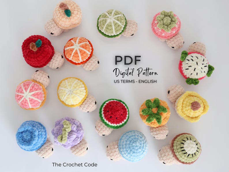 May include: A collection of colorful, crocheted fruit-shaped toys, including a tomato, orange, lemon, watermelon, and more. Each fruit has a small, beige turtle-like body. The text "PDF Digital Pattern" is visible.