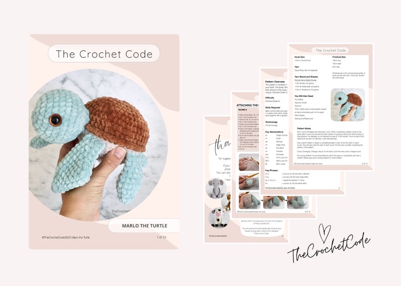 K&ouml;nnte beinhalten: H&auml;kelanleitung f&uuml;r ein Amigurumi-Spielzeug in Form einer Schildkr&ouml;te namens Marlo. Die Anleitung enth&auml;lt Anweisungen zum H&auml;keln des Panzers, des Kopfes und der Gliedma&szlig;en der Schildkr&ouml;te. Die Anleitung stammt von The Crochet Code.