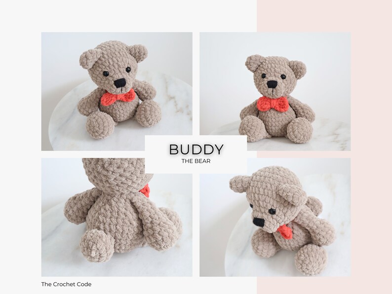 May include: A crocheted teddy bear named Buddy, wearing a red bow tie. The bear is sitting on a white surface. The bear is made of a soft, fuzzy material. The bear is a light brown color. The bear is a handmade crochet toy.